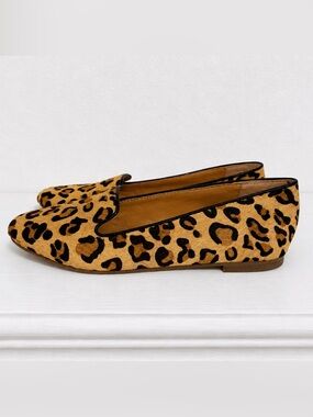 J. Crew Cora Calf Hair/Leather Leopard Loafers Leather Slip On Flats Size 7.5